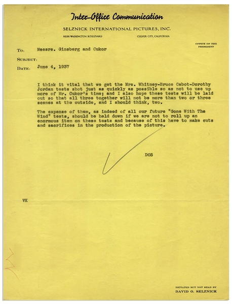'Gone With the Wind'' Memo From David O. Selznick to Director George Cukor Regarding Casting -- ''...The expense...of all our future 'Gone With The Wind' tests, should be held down...''